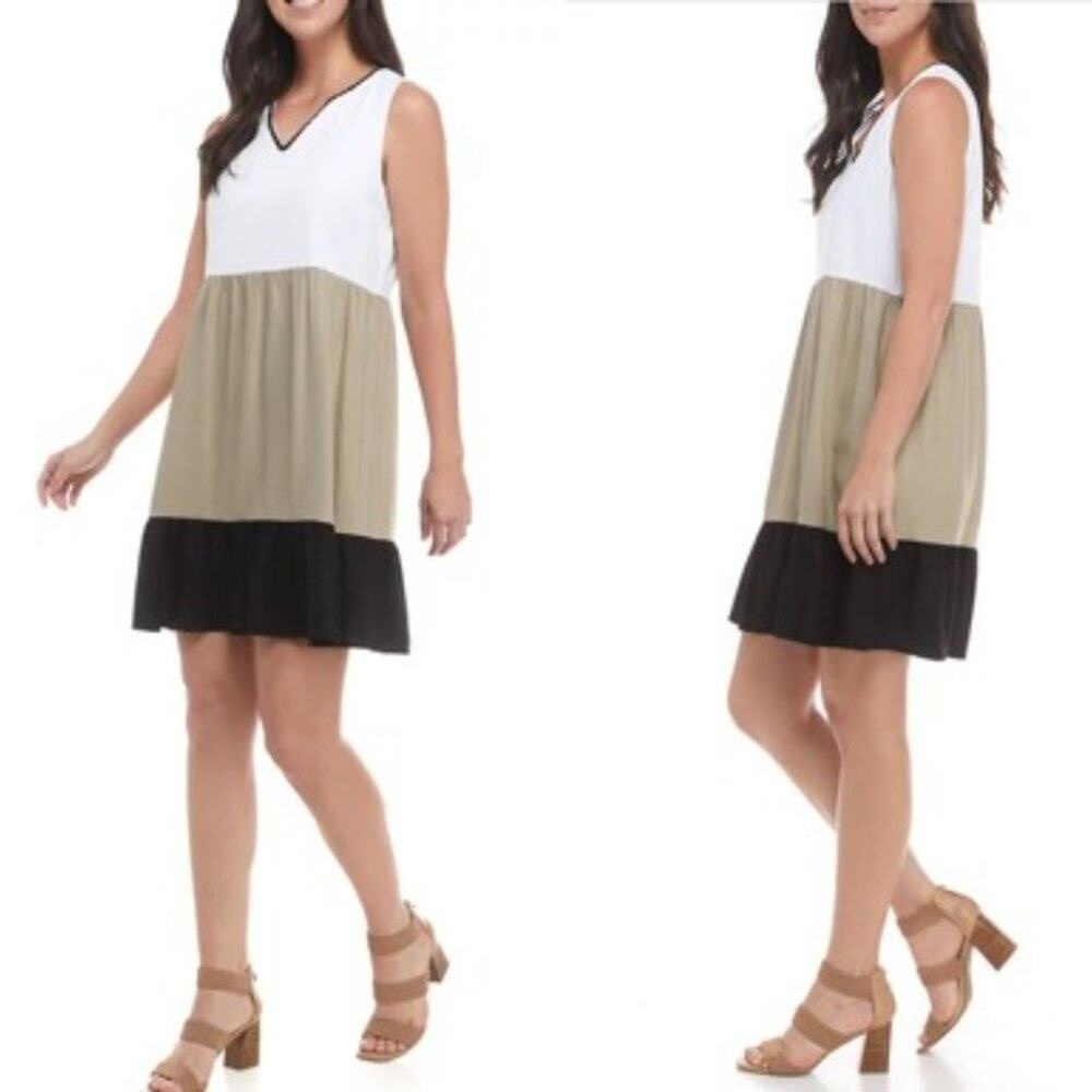 Sleeveless V Neck flowy neutral Colorblock Tiered Dress Size Large‎ Ronni Nicole